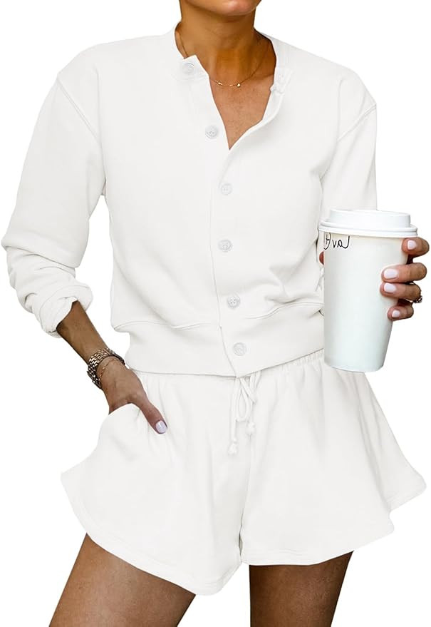 Tankaneo Womens 2 Piece Outfits Sweatsuit Button Down Tops and Shorts Casual Matching Lounge Set ... | Amazon (US)