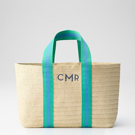 Oversized Ribbon Straw Beach Tote, Blue-Green | Mark and Graham