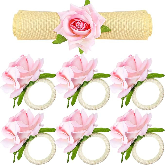 12 Pcs Pink Flower Napkin Rings Floral Napkin Rings Champagne Rose/Peony Napkin Holder Pink Handi... | Amazon (US)