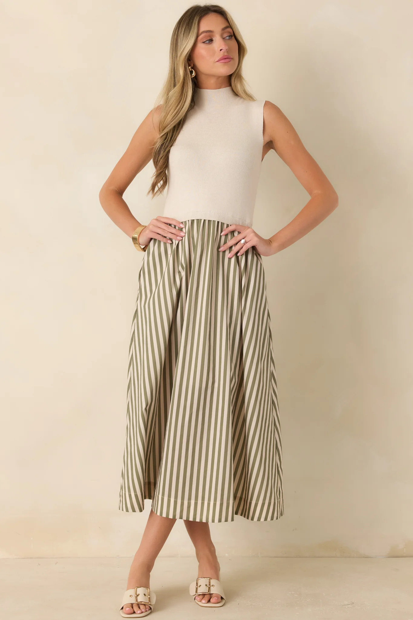 That's More Like It Ecru & Sage Stripe Sweater Midi Dress | Red Dress
