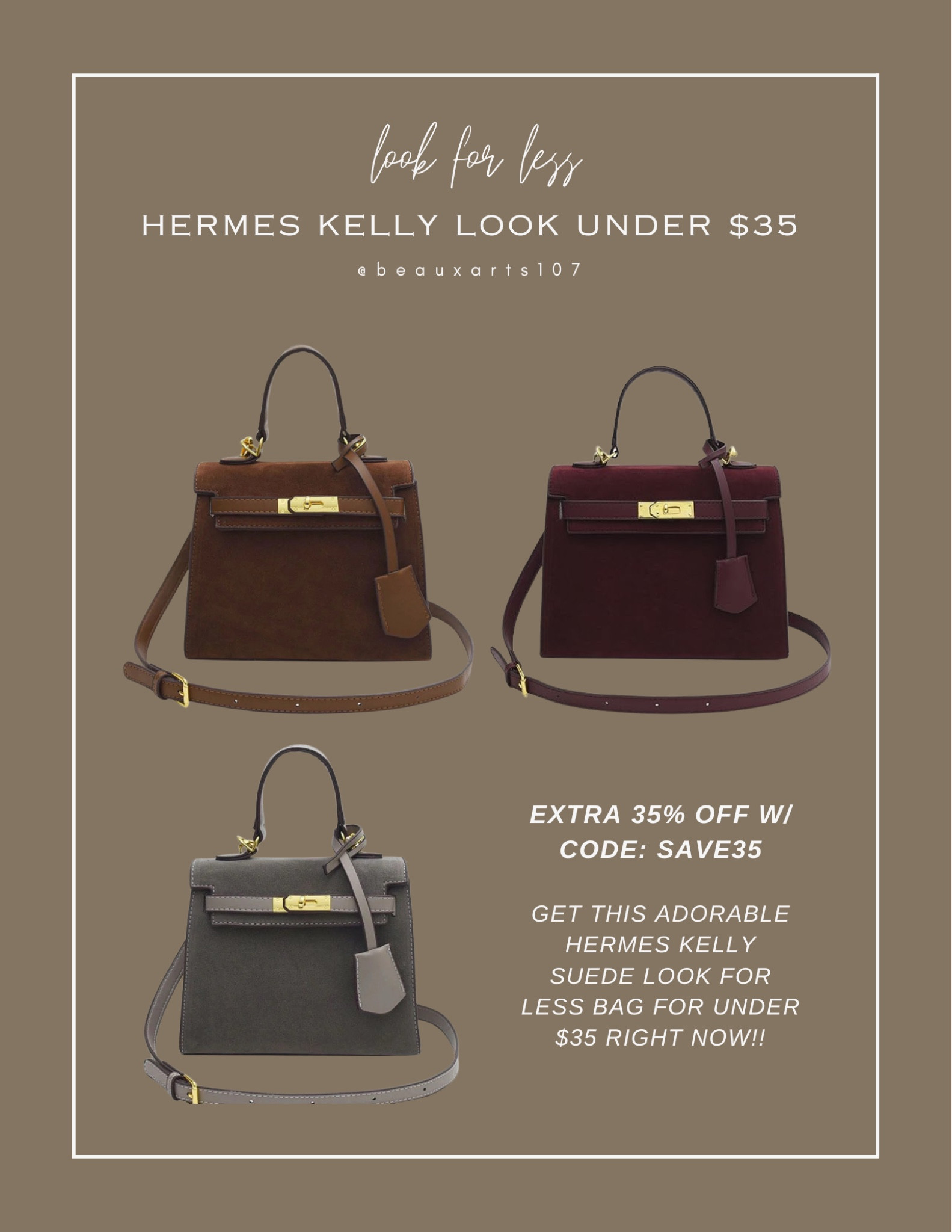 These Hermes Kelly Suede look for less bag is so cute and you can get it for under $35 right now w/ code SAVE35

#LTKSaleAlert #LTKStyleTip #LTKFindsUnder50