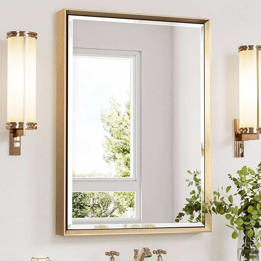Gold Bathroom Mirror, 22x30 Brushed Gold Bathroom Mirror Beveled Edge, Gold Framed Rectangle Bath... | Amazon (US)