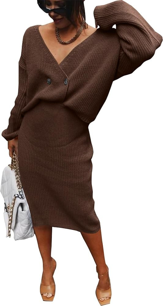 PRETTYGARDEN Women's Fall Clothes Brown Skirt And Top Set Matching Sets Two Piece Skirt Set Outfit | Amazon (US)