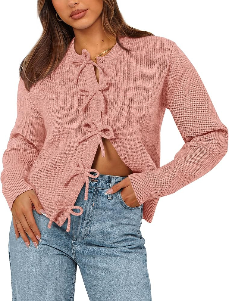 BTFBM Cardigan Sweaters for Women Trendy 2025 Fall Open Front Long Sleeve Button Down Bow Knot Cr... | Amazon (US)