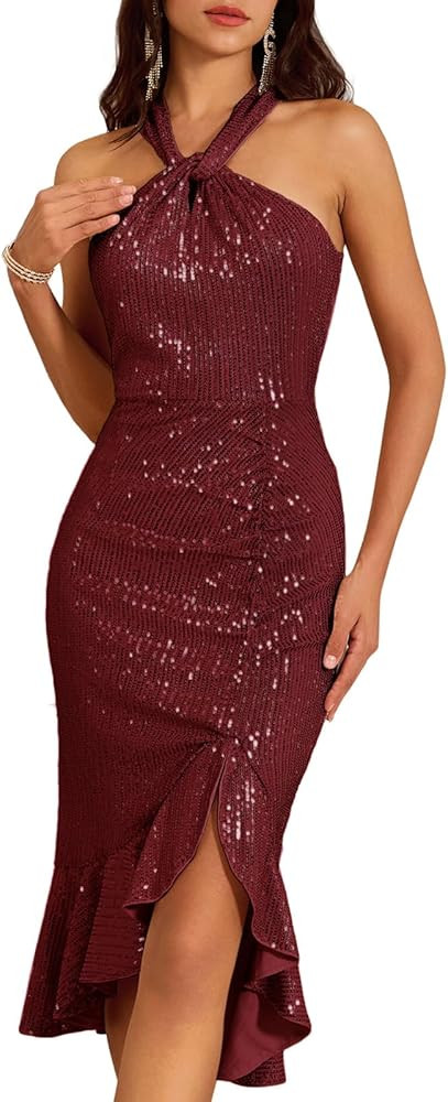 GRACE KARIN 2023 Women's Halter Sequin Dress Sleeveless Ruffle Midi Cocktail Party Dress Bodycon ... | Amazon (US)