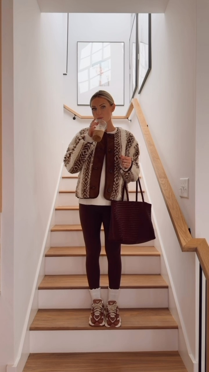 This brown patterned Sherpa fleece is an Old Navy find! 👏🏼 I love it styled with these brown leggings! And always love to add my ruffle socks! A put together fall athleisure look! Wearing S in sweater, M in leggings, & XS in jacket!

Loverly Grey, brown leggings, Sherpa fleece jacket, Old Navy, athleisure, fall outfit, ruffle socks, brown tote 

#LTKStyleTip #LTKSeasonal