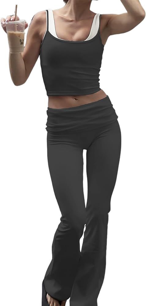YETOWA Women's Summer 2 Piece Outfit Slim Camisole Top Low Rise Flared Pants Set Versatile Active... | Amazon (US)