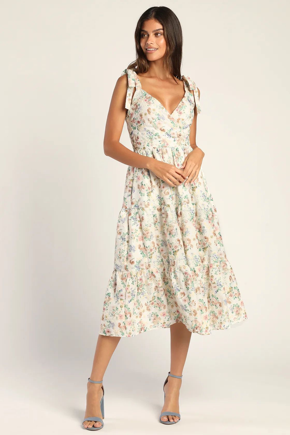 Botanical Bounty Cream Floral Embroidered Tie-Strap Midi Dress | Lulus (US)