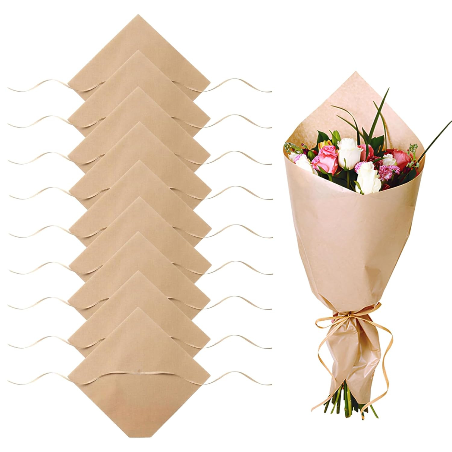 Single Kraft Paper Wrap 24 x 24 Inch - 10 Pack Flower Bouquet Wrapping Paper, Florist Wrap for Flower Bouquets, Gift-Ready for Valentine’s Day, Birthday, Baby Shower - Raffia String | Amazon (US)