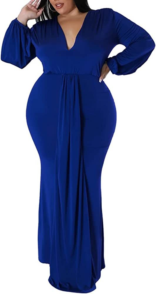 Amazon.com: CALEBGAR Womens Plus Size Sexy Maxi Dress Casual Long Sleeve V Neck Ruched Bodycon Co... | Amazon (US)