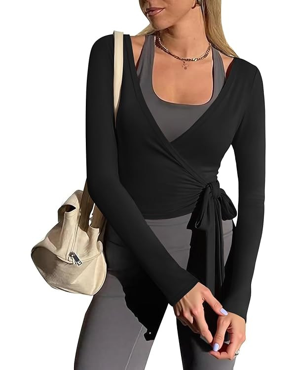 Yousify Womens Wrap Tie Tops Y2k Long Sleeve Ballet Pilates Yoga Workout Wrap Shirts Deep V Neck ... | Amazon (US)