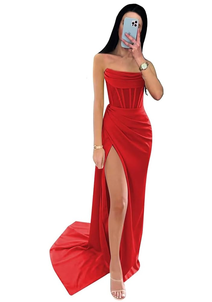 Strapless Mermaid Prom Dresses with Slit for Women Satin Ball Gown Long Ruched Corset Formal Even... | Amazon (US)