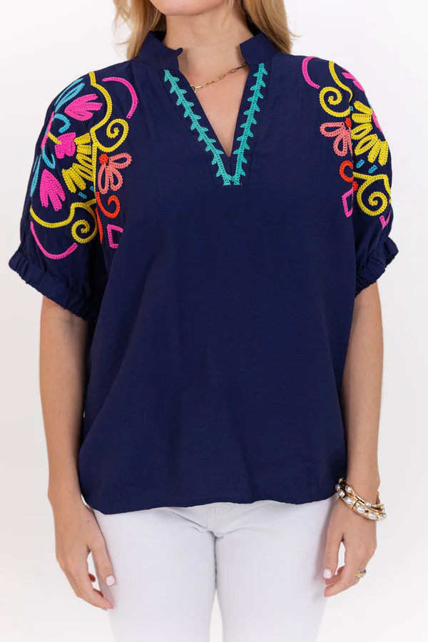Feels Thoughtful Navy Embroidered Blouse | The Mint Julep Boutique