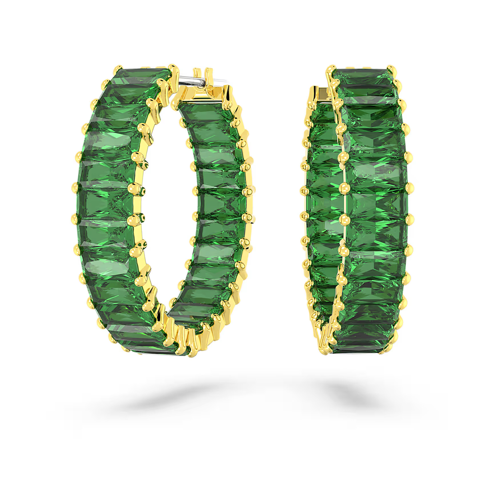 Matrix hoop earrings, Baguette cut, Green, Gold-tone plated by SWAROVSKI | SWAROVSKI