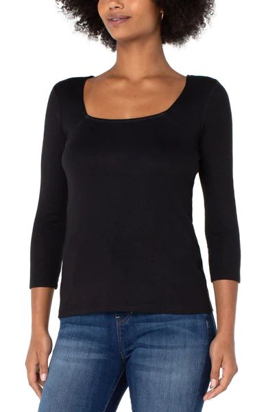 SQUARE NECK 3/4 SLEEVE RIB KNIT TOP | Liverpool Jeans