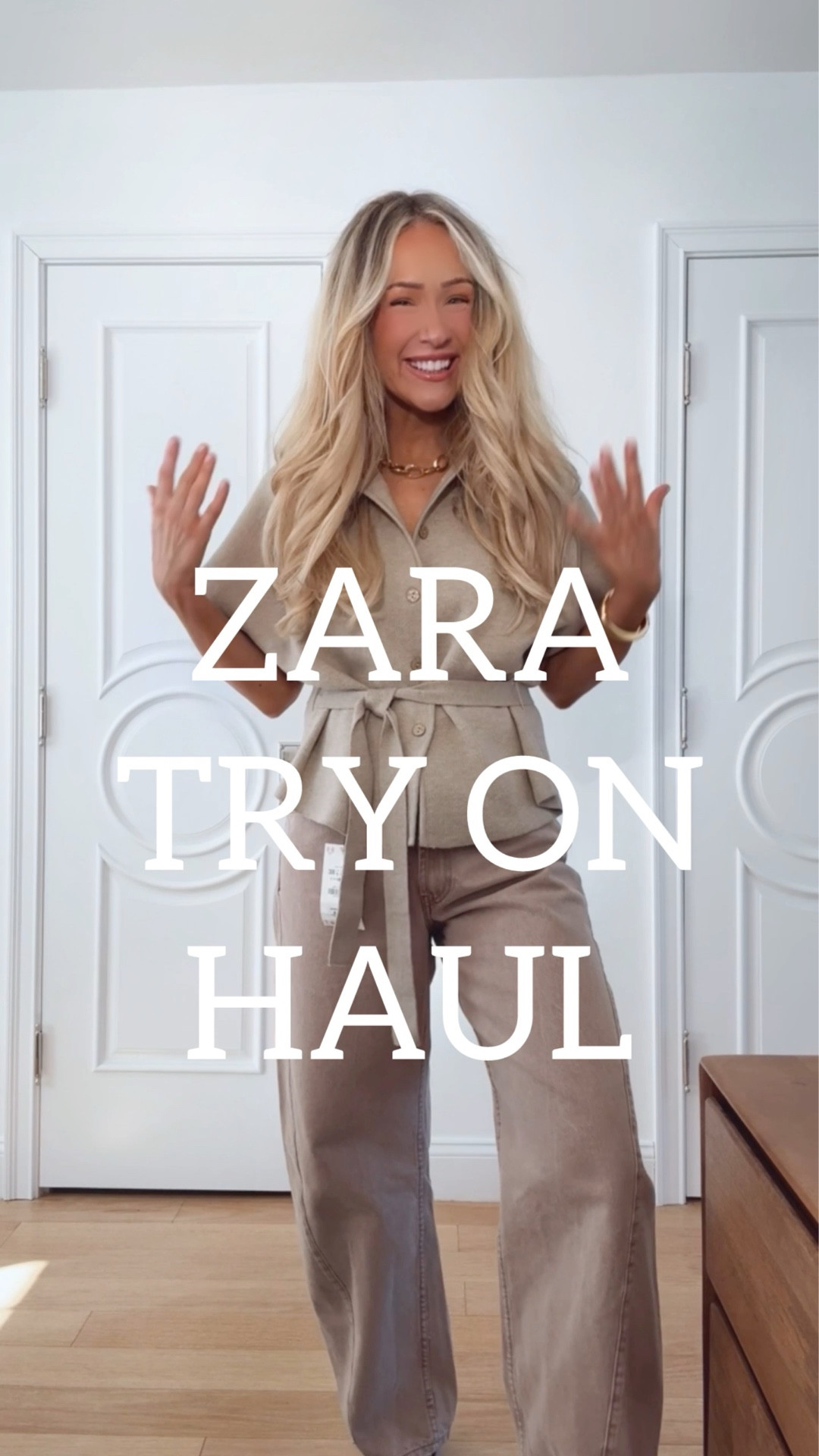 Zara try on haul ✨  Sizing info⬇️:
-Short sleeve belted cardigan: medium
-Dusty pink barrel jeans: size 6
-Short sleeve knotted sweater dress: medium
-Gray mock neck sleeveless sweater: medium
-Brown midi skirt with slit: medium
-Ivory v-neck sweater: medium
-Brown wide leg jeans: size 6
