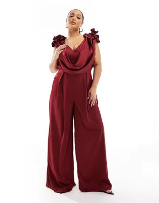 ASOS LUXE Curve satin corsage plunge neck wide leg jumpsuit in oxblood | ASOS | ASOS (Global)