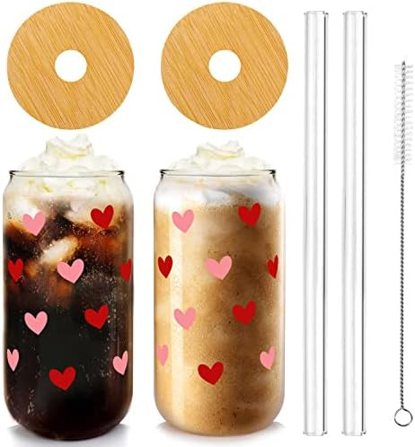 Iced Coffee Cups, Valentines Cups Gifts for Her Women 18 OZ Hearts Cup Beer Glass, Love Can Coupl... | Amazon (US)