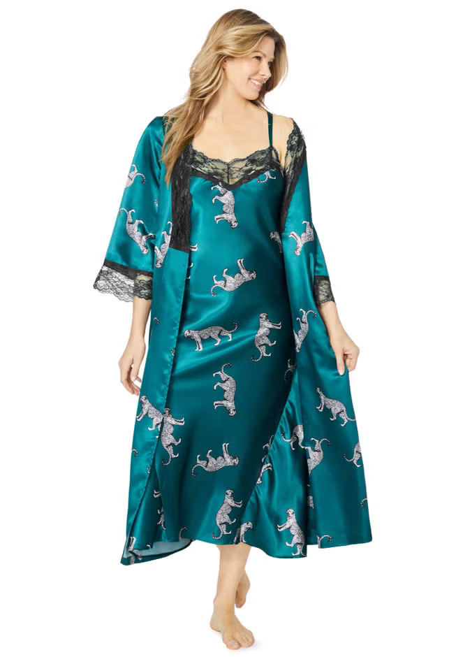 Romantic Satin Long Peignoir Set 52" 53", Black | Woman Within