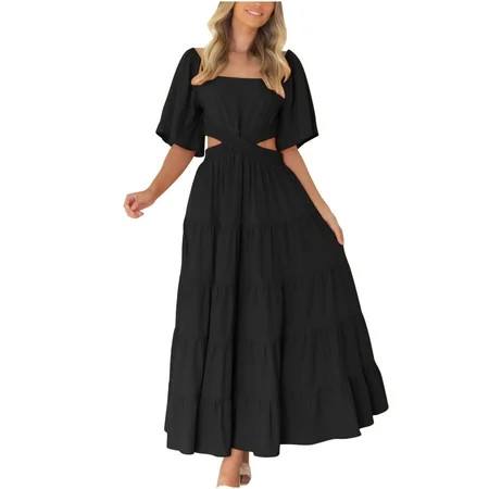 Womens Summer Puff Sleeve Maxi Dress Boho Square Neck Cutout Ruffle Tiered Dress Cross A Line Flowy  | Walmart (US)
