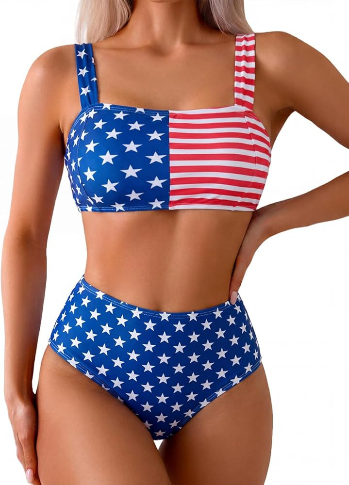 Tainehs High Waist Bathing Suit for Women Floral Print Wide Straps Swimsuit Two Piece Bikini Sets | Amazon (US)