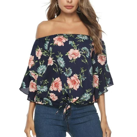 Sexy Dance Women Floral Print Off Shoulder 3/4 Bell Sleeve Shirt Tie Knot Summer Blouses Tops Casual | Walmart (US)