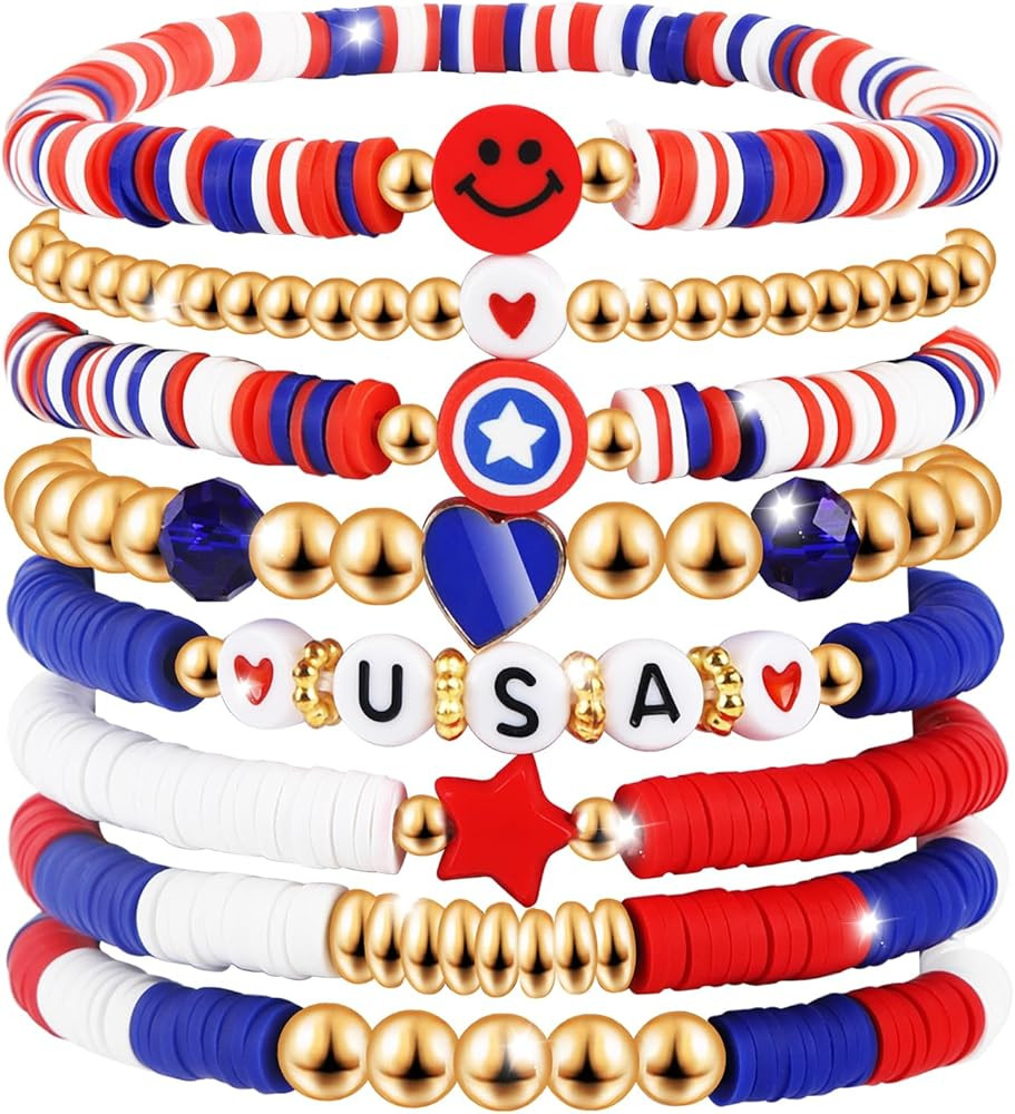 4th of July Outfits for Women- Red White and Blue Bracelets Stackable Beaded Stretchable USA Patr... | Amazon (US)