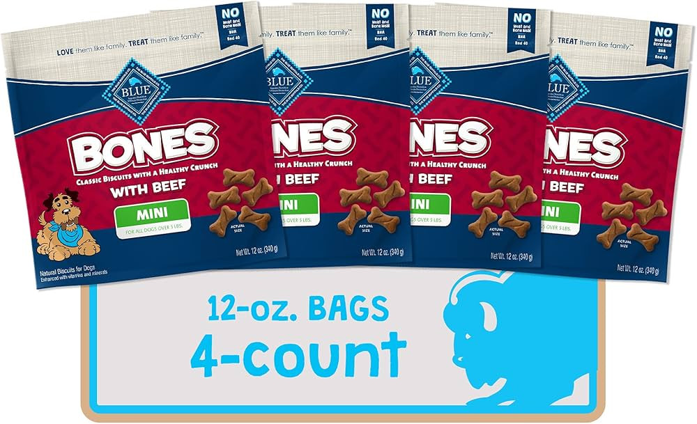 Blue Buffalo Bones Natural Crunchy Dog Treats, Mini Dog Biscuits, Beef (12-oz bag, 4 count) | Amazon (US)