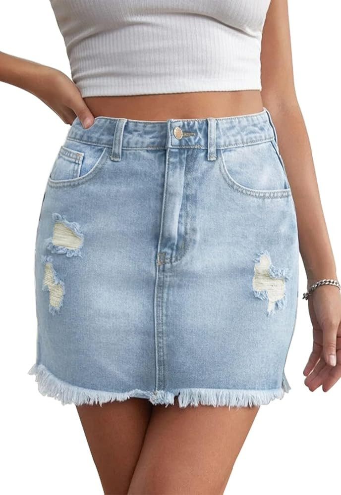 Women’s Bodycon Denim Mini Skirt High Waist Casual Washed Frayed Stretchy Jean Skirts with Pock... | Amazon (US)