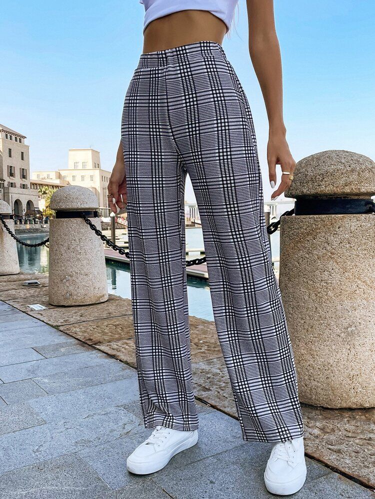 SHEIN EZwear Plaid Print High Waist Pants | SHEIN