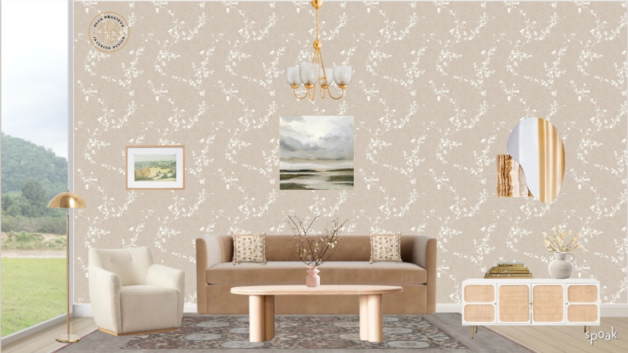 McGee & Co. Spring living room design/moodboard. Neutral accent chair on sale, neutral velvet sofa, vintage wool rug, golden chandelier on sale, flower wallpaper, console table, landscape art. Shop the items on sale while they last. 

#LTKhome #LTKstyletip #LTKsalealert