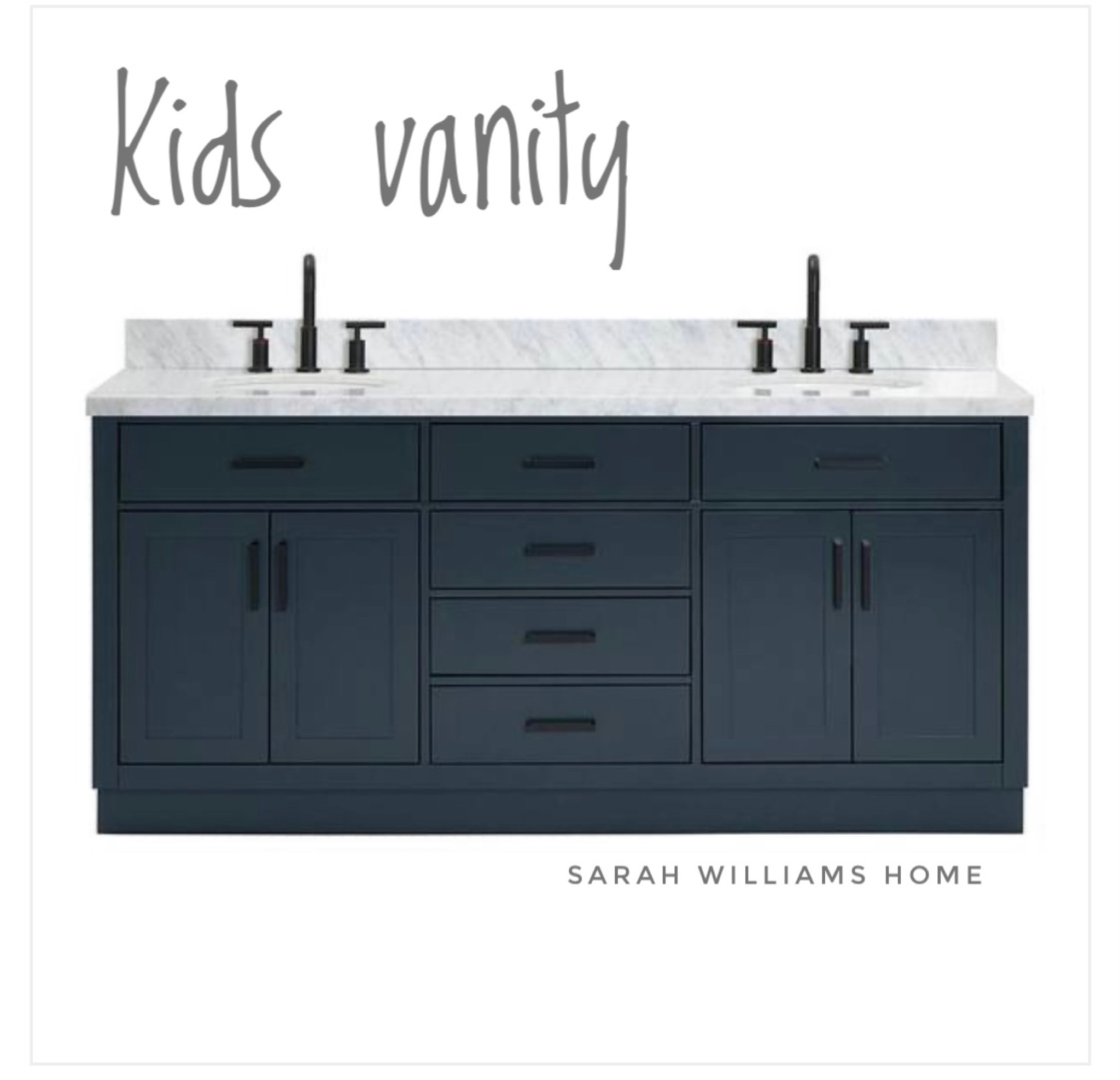 Kids bathroom vanity midnight blue marble Carrara black hardware Ariel Hepburn 73” 72” makeover renovation

#LTKhome