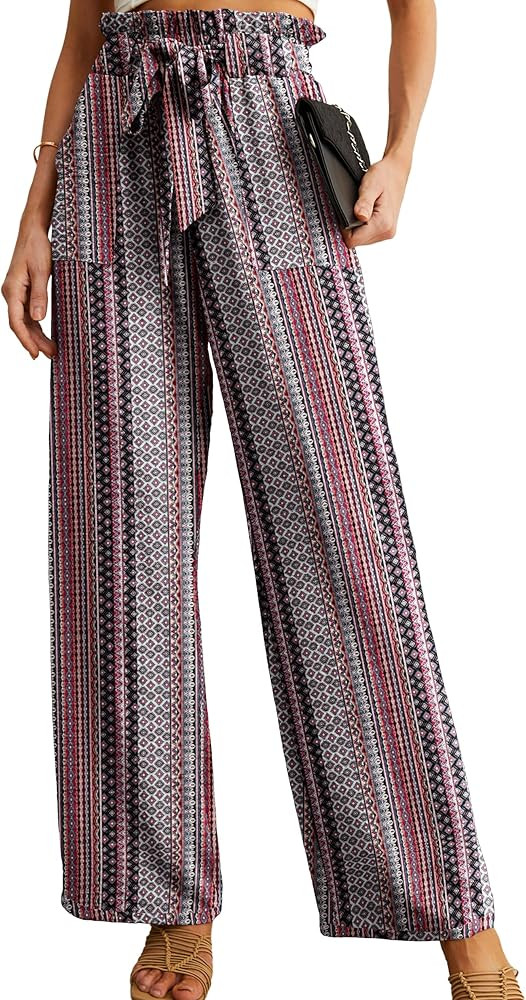 IWOLLENCE Women's Wide Leg Pants with Pockets High Waist Adjustable Knot Loose Casual Trousers Bu... | Amazon (US)