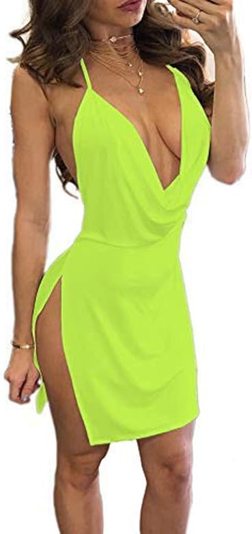 VANCOL Women's Sexy Deep V-Neck Halter Backless Slit Mini Party Club Dress | Amazon (US)