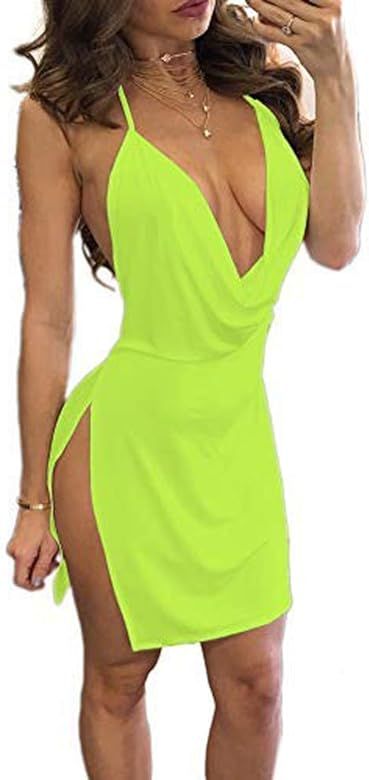 VANCOL Women's Sexy Deep V-Neck Halter Backless Slit Mini Party Club Dress | Amazon (US)