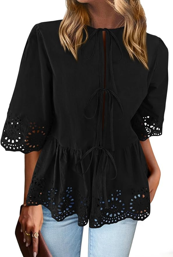 PRETTYGARDEN Tie Front Peplum Tops for Women Summer Y2K Short Sleeve Babydoll Cute Going Out Top ... | Amazon (US)