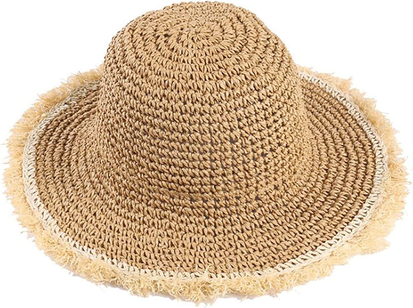 Womens Summer Frayed Straw Bucket-Sun-Hats Floppy Wide Brim Beach Straw Bucket Hat (Large/60cm) | Amazon (US)