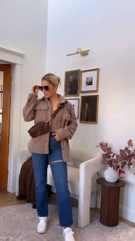Casual fall outfit! #abercrombie #new #denim #sherpa #shacket #basics #favs ➡️ (wearing jeans in a 25 curve love short & shacket in a small- I’m 5’4”) 

#LTKSeasonal #LTKfindsunder100 #LTKstyletip