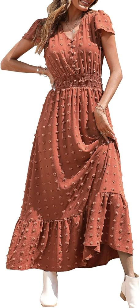 PRETTYGARDEN Women's Boho Dress Short Sleeve V Neck Swiss Dot Ruffle Tiered Maxi Dress Smocked Co... | Amazon (US)