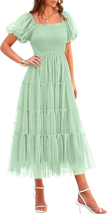 PRETTYGARDEN Women's Smocked Midi Tulle Dress 2025 Summer Puffy Short Sleeve Square Neck Ruffle W... | Amazon (US)