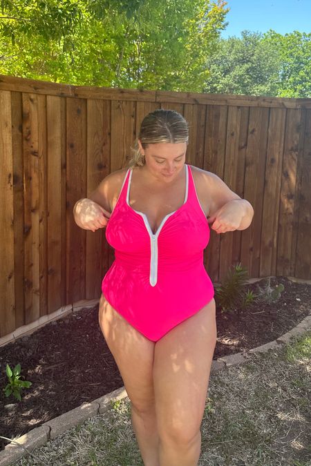 Amazon one piece swimsuit - plus size bathing suit with zipper detail on front and cheeky coverage on booty. Runs TTS #amazon #swim #onepiece #pink #plussize 

#LTKcurves #LTKswim #LTKunder50