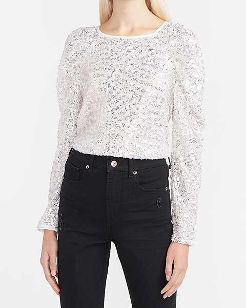 Sequin Ruched Shoulder Top | Express