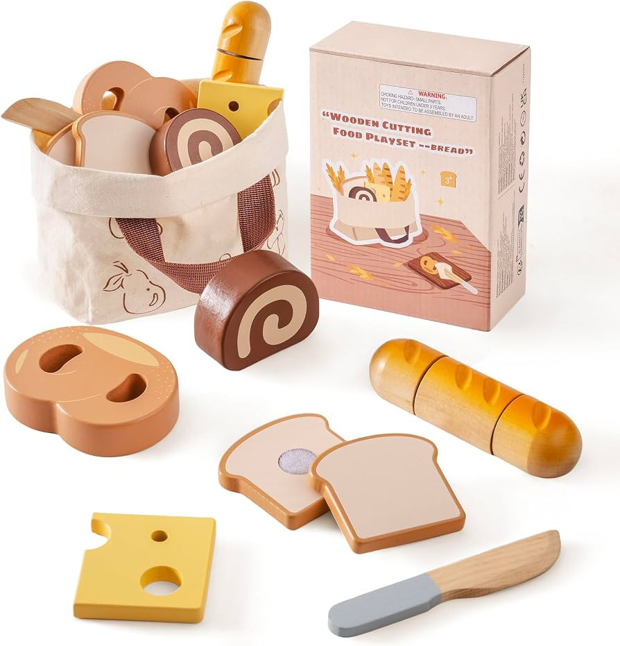 ROBOTIME Wooden Play Food Cutting Bread Set, Pretend Play Toy Food for Play Kitchen with Shopping... | Amazon (US)