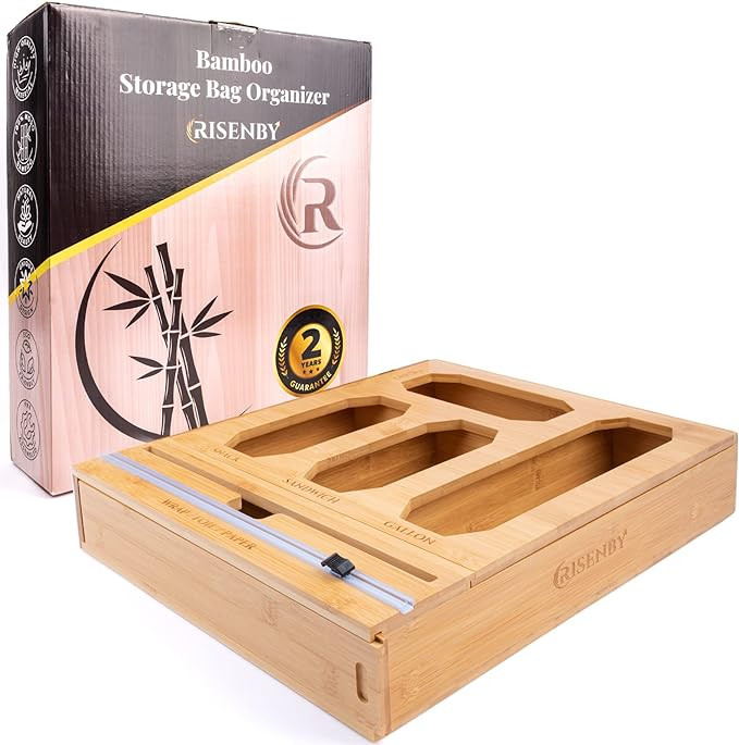 RISENBY 5 in 1 Ziplock Bag Organizer Wrap Dispenser - Bamboo Plastic Baggie and Wrap Storage Cutt... | Amazon (US)