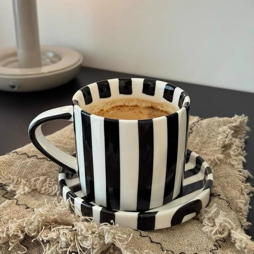 Small 8oz Stylish Handmade Striped Coffee Mug Espresso Cups With Saucer, Hand painted Esthetical ... | Amazon (US)