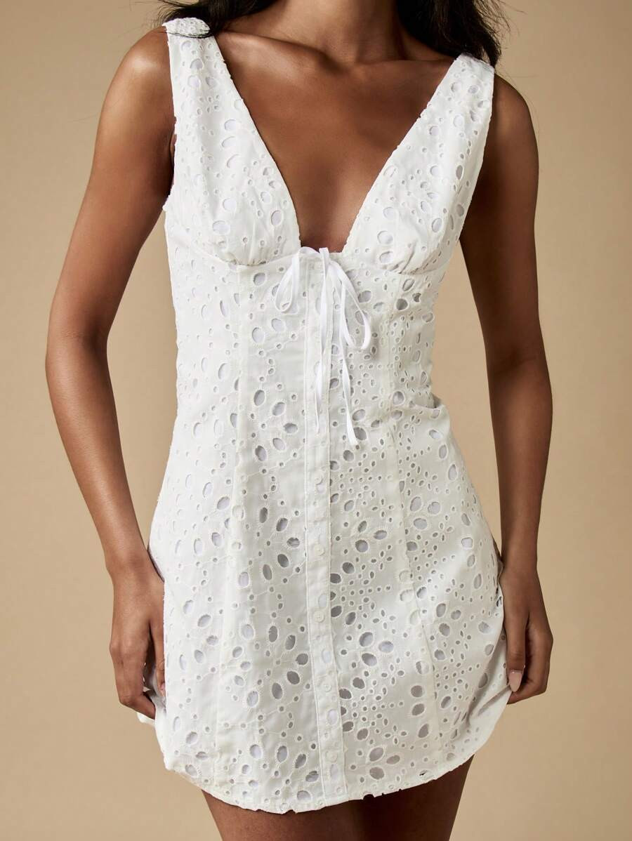 MISSGUIDED Summer Broderie Anglaise Mini Dress Button Front Eyelet Lace Party Beach Vacation Tie ... | SHEIN