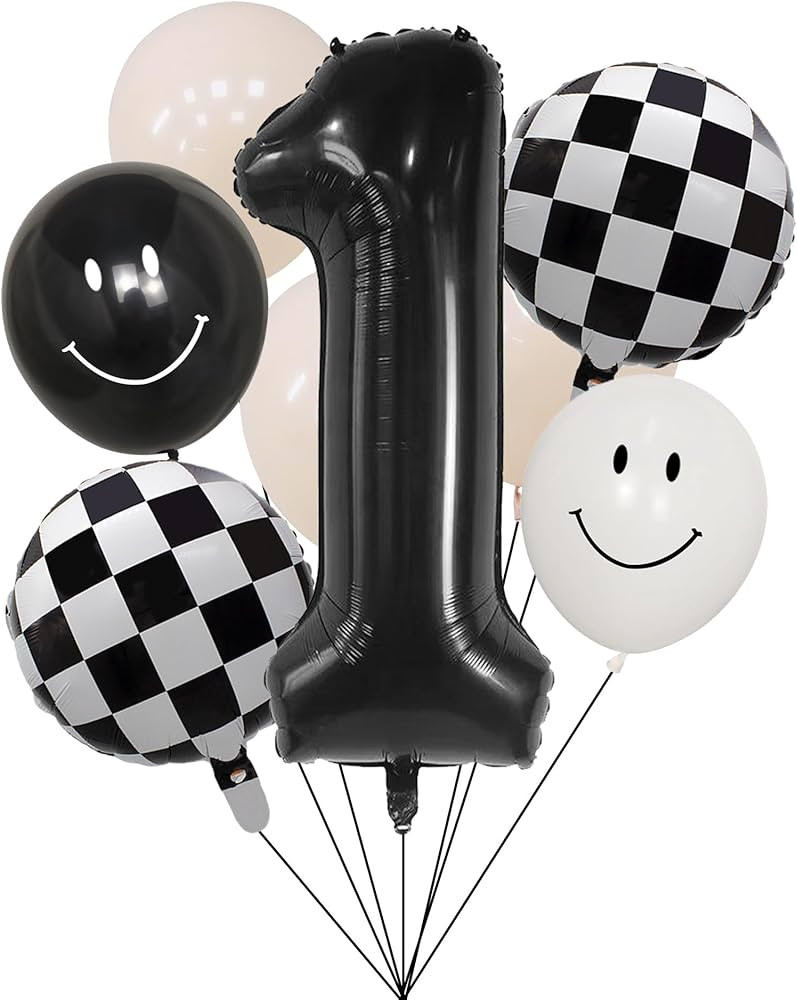100% LIKED-One Happy Dude Balloon Set, 40” Black One|Black & White Smiley Face Latex |Checkered... | Amazon (US)