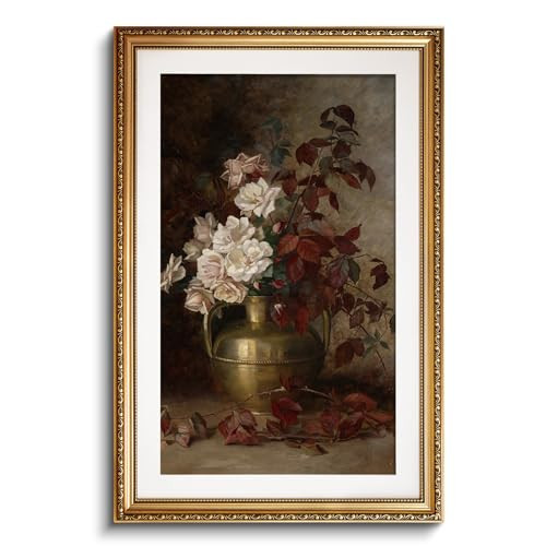 VIYYIEA Vintage Gold Framed Large Wall Art, 24x36 Inch Rose Bouquet Floral Retro Picture Paintings, Antique Frame Canvas Artwork, Victorian Frame Wall Decor for Gallery Bathroom Bedroom | Amazon (US)