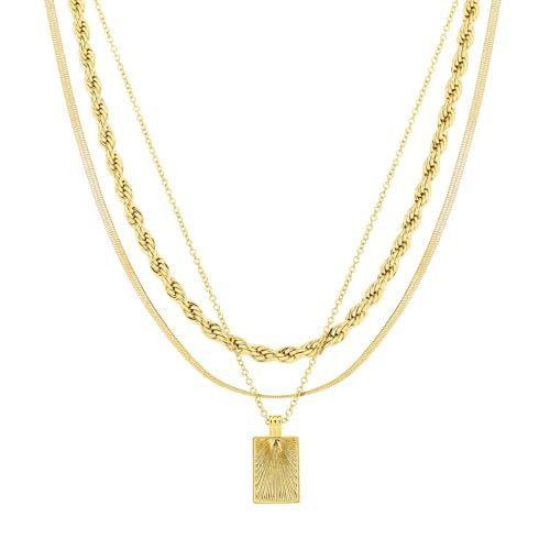 Amazon Essentials 14K Gold Plated Necklace Set of 3 - Rope Necklace, Herringbone Chain and Sundial Pendant - Dainty Hypoallergenic Necklaces for Women | Amazon (US)