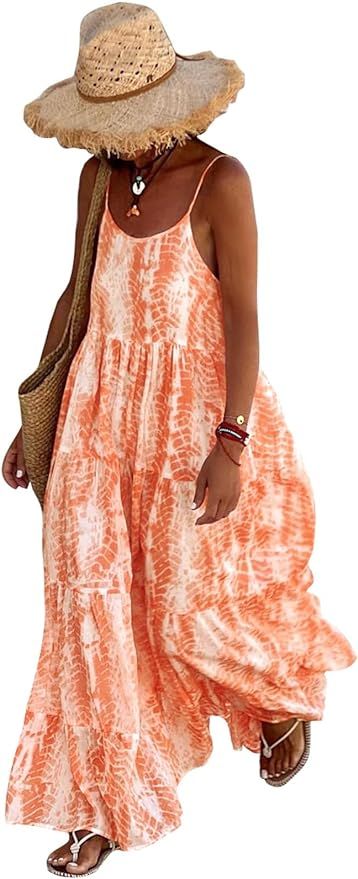 PRETTYGARDEN Womens Floral Summer Casual Bohemian Spaghetti Strap Flowy Long Dresses With Pockets | Amazon (US)